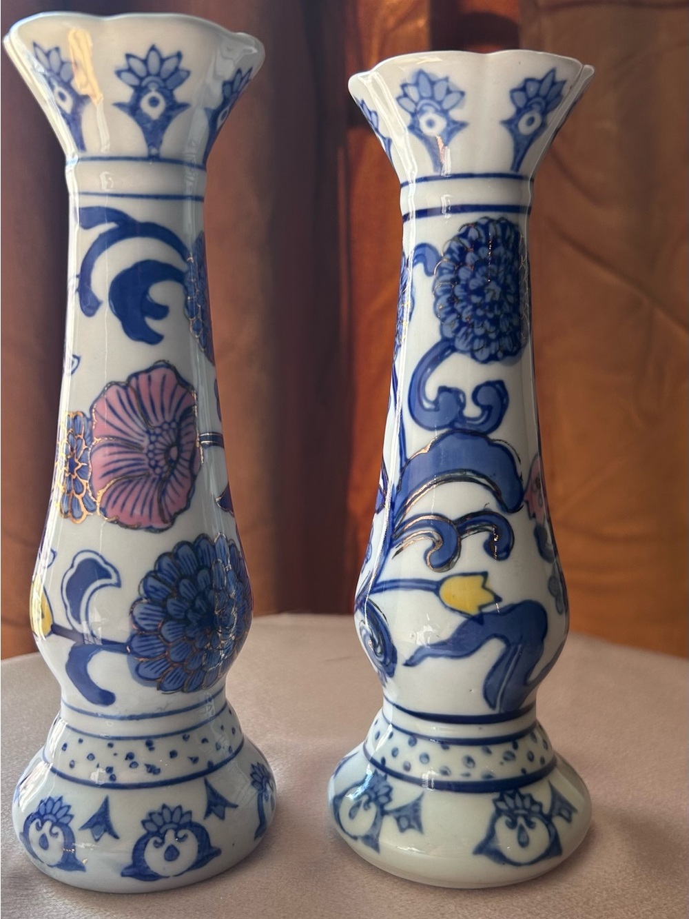 Blue and White Floral Porcelain Candlestick Holders - Elegant Home Accents